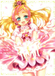 Rule 34 | 1girl, :d, absurdres, blonde hair, blush, cowboy shot, cure flora, earrings, flower, flower earrings, flower necklace, gloves, go! princess precure, green eyes, happy, haruno haruka, highres, jewelry, long hair, looking at viewer, magic, magical girl, multicolored hair, necklace, open mouth, outstretched hand, pink hair, pink skirt, precure, skirt, smile, solo, streaked hair, touki matsuri, two-tone hair, white gloves