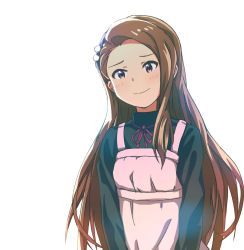 Rule 34 | 1girl, black hairband, black sweater, breasts, brown hair, closed mouth, commentary request, dress, hairband, highres, idolmaster, idolmaster (classic), jirion, long hair, looking at viewer, minase iori, neck ribbon, pink dress, pink eyes, pink ribbon, ribbon, simple background, sleeveless, sleeveless dress, small breasts, smile, solo, sweater, turtleneck, turtleneck sweater, upper body, white background