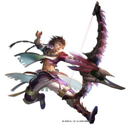 Rule 34 | 1boy, :d, abs, blue eyes, boots, bow (weapon), brown hair, earrings, facial mark, feathers, full body, gauntlets, holding, holding weapon, jewelry, jumping, liduke, long hair, male focus, monster hunter (series), navel, official art, open mouth, pants, purple footwear, shirt, simple background, smile, solo, tabard, watermark, weapon, white background, wind, wind lift