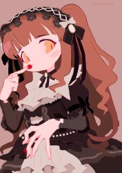 Rule 34 | 1girl, absurdres, black bow, black choker, black dress, black hairband, blunt bangs, bow, brown background, brown eyes, brown hair, cherry, choker, commentary request, dress, finger to mouth, food, frilled dress, frilled sleeves, frills, fruit, gothic lolita, hair bow, hairband, hand up, highres, holding, holding food, idolmaster, idolmaster cinderella girls, layered sleeves, lolita fashion, lolita hairband, long hair, long sleeves, looking at viewer, noniha, ogata chieri, puffy short sleeves, puffy sleeves, ribbon choker, see-through, see-through sleeves, short sleeves, solo, twintails, twitter username, white bow