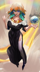 Rule 34 | 1girl, absurdres, black dress, blue eyes, dress, earth (planet), fate/grand order, fate (series), firstw1, green hair, highres, hololive, hololive english, long hair, looking at viewer, multicolored hair, name connection, nun, open mouth, orange hair, planet, sessyoin kiara, smile, solo, standing, takanashi kiara, thighhighs, virtual youtuber, white thighhighs