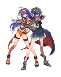 Rule 34 | 2girls, absurdres, ahoge, belt, bikini, blue hair, braid, breasts, collarbone, commentary, feet, female focus, fingerless gloves, fingernails, fire emblem, fire emblem: radiant dawn, fire emblem awakening, fire emblem heroes, flower, full body, gloves, green eyes, grin, hair flower, hair ornament, hairband, hibiscus, highres, holding, looking at viewer, lucina (fire emblem), marth (fire emblem awakening), mask, medium breasts, mia (fire emblem), multiple girls, navel, nintendo, official art, orange bikini, parted lips, sandals, see-through, simple background, smile, stomach, swimsuit, toes, white background, yoneyama mai