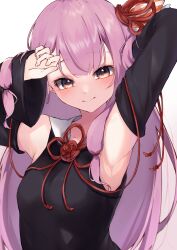 Rule 34 | 1girl, absurdres, armpits, bare shoulders, black dress, black sleeves, blush, closed mouth, detached sleeves, dress, fingernails, hair ribbon, highres, kotonoha akane, long hair, pink hair, red eyes, red ribbon, ribbon, simple background, solo, sorahachi (sora823), upper body, voiceroid, white background, wide sleeves