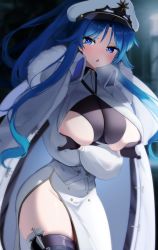 Rule 34 | 1girl, absurdres, arms under breasts, azur lane, black footwear, black gloves, black thighhighs, blue eyes, blue hair, blush, boots, breasts, clothing cutout, coat, coat dress, cold, commentary, cowboy shot, cross, dress, fur-trimmed coat, fur trim, gloves, groin, hair between eyes, highres, large breasts, long hair, long sleeves, looking at viewer, nicorima, open clothes, open coat, open mouth, parted bangs, side cutout, side slit, sidelocks, skindentation, solo, sovetskaya belorussiya (azur lane), standing, thigh boots, thighhighs, thighs, underboob, very long hair, white coat, white dress, zettai ryouiki