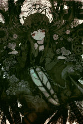 Rule 34 | 1girl, absurdres, bad id, bad pixiv id, cong1991, doll joints, female focus, flower, gears, greyscale, hat, heart, highres, joints, long hair, monochrome, plant, solo, thorns, touhou, vines, yakumo yukari