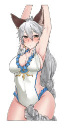Rule 34 | 1girl, 3:, animal ears, armpits, arms up, blush, breasts, brown eyes, closed mouth, collarbone, cowboy shot, cropped arms, cropped legs, ekz (robotekz), erune, frilled swimsuit, frills, granblue fantasy, groin, hair between eyes, head tilt, heles, heles (summer) (granblue fantasy), highres, large breasts, long hair, looking at viewer, low-braided long hair, low-tied long hair, nose blush, one-piece swimsuit, silver hair, simple background, sketch, solo, swimsuit, very long hair, white background, white one-piece swimsuit