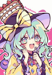 1girl black_hat blush bow bowtie buttons cake collared_shirt diamond_button food food_on_head fork frilled_shirt_collar frilled_sleeves frills fruit green_eyes green_hair hand_on_own_cheek hand_on_own_face hat hat_bow heart heart-shaped_pupils highres holding holding_fork komeiji_koishi kyouda_suzuka long_sleeves looking_at_viewer medium_hair object_on_head red_bow red_bowtie shirt solo strawberry symbol-shaped_pupils third_eye touhou yellow_bow yellow_shirt