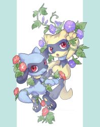 Rule 34 | :o, alternate color, arm up, closed mouth, commentary request, creatures (company), flower, game freak, gen 4 pokemon, highres, ichino cco, leaf, looking at viewer, nintendo, open mouth, plant, pokemon, pokemon (creature), purple flower, red eyes, riolu, shiny and normal, shiny pokemon, smile, vines