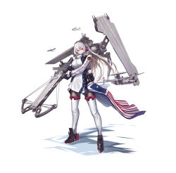 Rule 34 | 1girl, absurdres, aircraft, aircraft carrier, airplane, black pantyhose, boots, bow (weapon), breasts, brown eyes, crossbow, grey hair, headphones, highres, holding, holding weapon, large breasts, long hair, long sleeves, machinery, mecha musume, military, military vehicle, onceskylark, original, pantyhose, personification, ship, solo, thigh boots, thighhighs, uss america (cv-66), warship, watercraft, weapon, white footwear