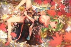 Rule 34 | 1girl, absurdres, bare legs, barefoot, black kimono, bow, breasts, cat, cleavage, dragon girl, dragon horns, fate/grand order, fate (series), floral print, green hair, hair bow, highres, horns, huge filesize, japanese clothes, jiang xin, kimono, kiyohime (fate), long hair, looking at viewer, lying, medium breasts, on back, print kimono, red eyes, sash, shadow, solo, yellow bow