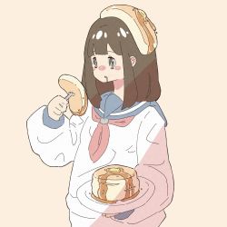 Rule 34 | 1girl, black hair, blue sailor collar, blunt bangs, blush, brown eyes, butter, food, food on head, fork, hand up, haru57928031, highres, holding, holding food, holding fork, long hair, neckerchief, no nose, object on head, original, pancake, pancake stack, parted lips, red neckerchief, sailor collar, shirt, simple background, solo, syrup, upper body, white shirt, yellow background