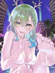 Rule 34 | 1girl, :p, antlers, barefoot, bikini, braid, breasts, ceres fauna, cleavage, eishi kurumi, feet, flower, french braid, green hair, hair between eyes, hair flower, hair ornament, highres, hololive, hololive english, horns, leaf, long hair, looking at viewer, medium breasts, mole, mole under eye, soles, solo, swimsuit, toes, tongue, tongue out, v, v over mouth, virtual youtuber, white bikini, yellow eyes