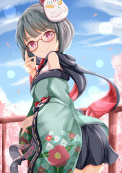 Rule 34 | 1girl, aihara tsubaki, ass, black scarf, black skirt, blue sky, blush, closed mouth, cloud, commentary request, day, green kimono, grey hair, highres, japanese clothes, kimono, leaning forward, looking at viewer, looking to the side, mask, mask on head, off shoulder, ongeki, outdoors, pleated skirt, red-framed eyewear, red eyes, red scarf, scarf, semi-rimless eyewear, shirt, skirt, sky, sleeveless, sleeveless shirt, smile, solo, under-rim eyewear, white shirt, xenon (for achieve)