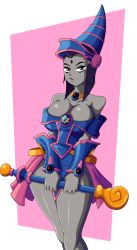 Rule 34 | 1girl, breasts, cleavage, colored skin, cosplay, dark magician girl (cosplay), dc comics, detached sleeves, grey skin, hat, highres, jewelry, large breasts, miniskirt, purple eyes, purple hair, raven (dc), ravenravenraven, skirt, solo, teen titans, wizard hat, yu-gi-oh!