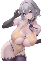 Rule 34 | 1girl, artier&#039;s character, bare shoulders, black choker, black gloves, blush, breasts, china dress, chinese clothes, choker, cleavage, collarbone, commission, covered navel, dress, elbow gloves, gloves, grey hair, hand up, highres, huge breasts, kaneko (bblogtinhan), leotard, looking at viewer, mole, mole on breast, mole under eye, original, pixiv commission, purple thighhighs, short hair, simple background, smile, spiked choker, spikes, thighhighs, thighs, white background, yellow leotard