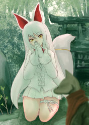 Rule 34 | 1girl, absurdres, animal ear fluff, animal ears, bad id, bad pixiv id, bow, commentary request, forest, fox ears, fox tail, full body, fur-trimmed sleeves, fur trim, head tilt, highres, jacket, kemono friends, kneeling, komeiponkiti, long hair, long sleeves, looking at viewer, nature, oinari-sama (kemono friends), outdoors, own hands together, pleated skirt, shrine, skirt, solo, statue, tail, thigh strap, torii, very long hair, white bow, white hair, white jacket, white skirt, yellow eyes