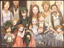 Rule 34 | 00s, 6+boys, 6+girls, androgynous, braid, child, collared shirt, crowd, everyone, group picture, hair between eyes, hand on own hip, hermes (kino no tabi), highres, kino (kino no tabi), kino no tabi, kuroboshi kouhaku, motor vehicle, motorcycle, multiple boys, multiple girls, old, old man, reverse trap, shirt, short hair, standing, twin braids, vehicle