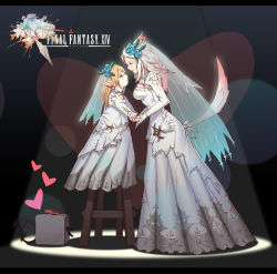 Rule 34 | 10s, 2girls, absurdres, animal ears, artist request, bad id, bad pixiv id, braid, bridal veil, cat ears, cat tail, cleavage cutout, clothing cutout, copyright name, dark background, dress, final fantasy, final fantasy xiv, flower, hair flower, hair ornament, heart, highres, holding hands, lalafell, logo, miqo&#039;te, multiple girls, pointy ears, see-through, shoes, unworn shoes, size difference, spotlight, standing, stool, tail, veil, wedding, wedding dress, wife and wife, yuri