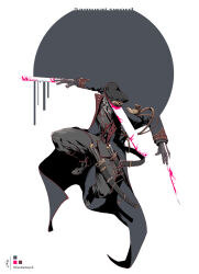 Rule 34 | 1boy, absurdres, aiguillette, black coat, black pants, black shirt, blood, bloody weapon, chainsaw man, coat, collared shirt, english text, full body, hat, highres, katana, katana man (chainsaw man), kurobameiyos, male focus, midair, military hat, pants, sheath, sheathed, shirt, simple background, solo, sword, trench coat, weapon