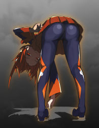 Rule 34 | 10s, 1girl, ass, bad end precure, bad end sunny, bad id, bad pixiv id, bent over, black bodysuit, bodysuit, dark persona, dress, from behind, full body, grey background, hand on own hip, highres, looking back, matching hair/eyes, orange dress, orange eyes, orange hair, orange skirt, precure, short hair, skirt, smile, smile precure!, solo, yamako (yamak0)