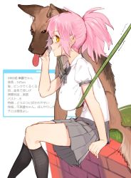 Rule 34 | 1girl, bad id, bad twitter id, beijuu, black socks, breasts, commentary request, dog, from side, grey skirt, kneehighs, looking at viewer, looking to the side, original, pink hair, pleated skirt, puffy short sleeves, puffy sleeves, shindan maker, shirt, short sleeves, sitting, skirt, smile, socks, solo, tongue, tongue out, translation request, white background, white shirt, yellow eyes
