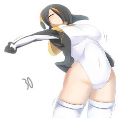 Rule 34 | 1girl, black hair, black jacket, blush, breasts, closed eyes, closed mouth, commentary request, covered navel, cowboy shot, emperor penguin (kemono friends), hair between eyes, hair over one eye, headphones, highres, jacket, kemono friends, large breasts, leaning back, lets0020, long bangs, multicolored hair, numbered, one-piece swimsuit, open clothes, open jacket, orange hair, short hair, simple background, smile, solo, streaked hair, stretching, swimsuit, thighhighs, white background, white one-piece swimsuit, white thighhighs