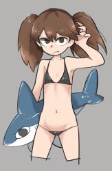 Rule 34 | 1girl, bikini, brown eyes, brown hair, fang, female focus, flat chest, frown, grey background, highres, kantai collection, navel, ryuujou (kancolle), simple background, solo, stuffed animal, stuffed shark, stuffed toy, swimsuit, tirarizun, tsurime, twintails