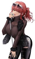Rule 34 | 1girl, absurdres, black nails, black pants, black scarf, breasts, cleavage, cleavage cutout, clothing cutout, commentary request, denim, earrings, eyewear on head, goddess of victory: nikke, highres, jeans, jewelry, kumo tabetai, leather, leather pants, microphone, microphone stand, pants, red hair, scarf, see-through, see-through cleavage, simple background, solo, sunglasses, sweater, torn clothes, torn pants, turtleneck, turtleneck sweater, volume (nikke), white background, yellow eyes