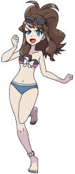 Rule 34 | 1girl, aqua bikini, artist request, barefoot, bikini, blue eyes, breasts, brown hair, cosplay, cowboy shot, creatures (company), full body, game freak, hat, high ponytail, highres, hilda (pokemon), jumping, long hair, multicolored bikini, multicolored clothes, nintendo, official style, open mouth, pokemon, pokemon bw, pokemon oras, ponytail, small breasts, smile, solo, sugimori ken (style), sunglasses on head, swimmer (pokemon), swimmer (pokemon) (cosplay), swimsuit, teeth, white background, wide hips