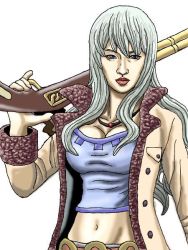 Rule 34 | 1girl, gun, jacket, jewelry, necklace, nico olvia, one piece, rifle, solo, weapon, white hair