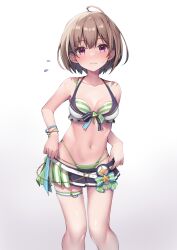 Rule 34 | 1girl, absurdres, ahoge, bare shoulders, belt, bikini, bikini skirt, blue skirt, blush, breasts, brown hair, cleavage, closed mouth, commentary, dot nose, feet out of frame, flying sweatdrops, green bikini, hair ornament, hairclip, halterneck, harusaki nodoka, high-waist bikini, highleg, highleg bikini, highres, hololive, hololive summer 2023 swimsuit, layered bikini, looking at viewer, medium breasts, navel, official alternate costume, pink eyes, short hair, simple background, skirt, solo, standing, stomach, striped bikini, striped clothes, sweatdrop, swimsuit, symbol-only commentary, thigh belt, thigh strap, tmo-cat, virtual youtuber, white background, white belt