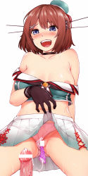 Rule 34 | 10s, 1girl, after vaginal, aftersex, areola slip, bar censor, black gloves, blue eyes, blush, breasts, brown hair, censored, clothes lift, condom, condom left inside, cum, cum string, gloves, hair ornament, hairclip, hat, kantai collection, large breasts, lifting own clothes, maya (kancolle), miyako (overlook), open mouth, penis, pleated skirt, pov, remodel (kantai collection), short hair, skirt, skirt lift, solo focus, used condom, x hair ornament