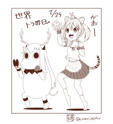 Rule 34 | 2girls, abyssal ship, animal, animal ears, animal hands, animal on head, antlers, apron, artist name, cat ears, cat tail, collar, comic, commentary request, fangs, gloves, hair bobbles, hair ornament, hooves, horns, kantai collection, long hair, maid apron, monochrome, multiple girls, muppo, navel, on head, paw gloves, paw pose, pleated skirt, rabbit, sazanami (kancolle), sazanami kai (kancolle), sazanami konami, school uniform, serafuku, shadow, skirt, socks, tail, tiger stripes, translation request, twintails, twitter username, whiskers
