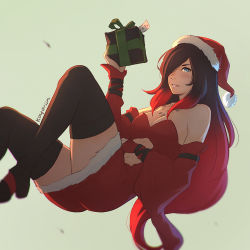 Rule 34 | 1girl, artist name, ass, bare shoulders, black footwear, black hair, black thighhighs, blue eyes, blush, boots, box, breasts, christmas, cleavage, clothing cutout, crescent, crow (gravity daze), detached sleeves, dress, floating, fur trim, gift, gift box, gradient hair, gravity daze, green background, hair over one eye, hat, holding, knees up, koyorin, lips, long hair, looking at viewer, medium breasts, multicolored hair, navel cutout, one eye covered, parted lips, pom pom (clothes), red hair, red skirt, santa costume, santa hat, short dress, simple background, skirt, smile, solo, strapless, strapless dress, tattoo, thigh boots, thighhighs, two-tone hair, very long hair