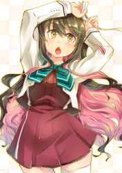Rule 34 | 1girl, adjusting hair, arms up, black hair, bow, bowtie, checkered background, chestnut mouth, hair ribbon, highres, holding, imu sanjo, kantai collection, long hair, looking up, multicolored hair, naganami (kancolle), naganami kai ni (kancolle), pink hair, ribbon, school uniform, solo, thighhighs, two-tone hair, white thighhighs, yellow eyes, zettai ryouiki