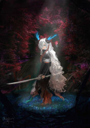 Rule 34 | 1girl, adapted costume, antlers, black coat, blue eyes, blue flower, boots, coat, expressionless, familiar, field, flower, flower field, foliage, from side, full body, glowing horns, grey hair, hair ornament, hair over one eye, high collar, highres, holding, holding sword, holding weapon, horns, isekai joucho, isshiki (ffmania7), kamitsubaki studio, light, long hair, long sleeves, looking to the side, multicolored hair, one eye covered, outdoors, red footwear, red hair, solo, streaked hair, sword, very long hair, virtual youtuber, weapon, zipper pull tab