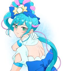 1girl back blue_hair cure_spicy delicious_party_precure fuwa_kokone gloves green_eyes highres looking_at_viewer looking_back magical_girl precure solo striped_hair upper_body vivid_tamaki white_gloves