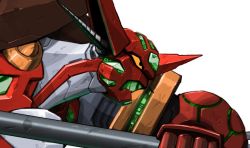 Rule 34 | clenched hand, close-up, drill, from side, getter robo, horns, korean commentary, looking ahead, mecha, no humans, robot, science fiction, shin getter-1, shin getter robo, solo, super robot, superphotrone, white background, yellow eyes