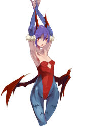 Rule 34 | 1girl, animal print, armpits, arms up, bare shoulders, bat print, bat wings, breasts, bridal gauntlets, capcom, demon girl, elbow gloves, flat chest, gloves, head wings, highres, leotard, lilith aensland, looking at viewer, open mouth, pantyhose, patterned legwear, print pantyhose, purple hair, red eyes, red leotard, shimadoriru, short hair, small breasts, solo, tongue, tongue out, vampire (game), wings