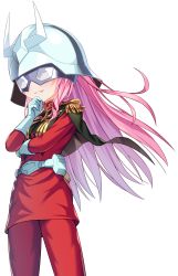 Rule 34 | 1girl, absurdres, bettle (b s a n), black capelet, breasts, capelet, char aznable, char aznable (cosplay), cosplay, gloves, grin, gundam, hair ribbon, hand on own chin, helmet, highres, himekuma ribon, jacket, long hair, pants, pink hair, pixel art, re:act, red jacket, red pants, ribbon, sidelocks, small breasts, smile, transparent background, virtual youtuber, white gloves