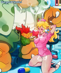 Rule 34 | 1-up mushroom, 1boy, 1girl, absurdres, arm behind head, artist name, blonde hair, blouse, bottomless, bowser, breasts, breath, burgersnshakes, chair, claws, closed eyes, coat, dr. mario (game), dress, dress shirt, drooling, earrings, erection, eyelashes, green coat, green shorts, hat, head out of frame, high heels, highres, indoors, jewelry, kneeling, large penis, large testicles, lips, long hair, male pubic hair, mario (series), medicine bottle, nintendo, nose, nurse, nurse cap, office chair, open fly, open mouth, panties, panties around ankles, panty pull, penis, penis grab, pill, pink dress, pink headwear, pink lips, princess peach, print headwear, pubic hair, pussy, shadow, shirt, short sleeves, shorts, standing, swivel chair, testicles, underwear, veins, veiny penis, white footwear, white shirt, zipper