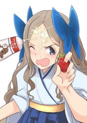 Rule 34 | 1girl, asakaze (kancolle), blue bow, blue hakama, bow, commentary request, cream, food, forehead, fruit, furisode, hair bow, hakama, hakama skirt, japanese clothes, kantai collection, kimono, light brown hair, long hair, looking at viewer, meiji schoolgirl uniform, one eye closed, open mouth, parted bangs, sidelocks, simple background, skirt, solo, strawberry, upper body, wavy hair, wavy mouth, white background, yuzuruka (bougainvillea)