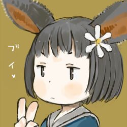 Rule 34 | 1girl, animal ears, blue shirt, blush, closed mouth, commentary request, daisy, ebimomo, flower, grey eyes, grey hair, grey sailor collar, hair flower, hair ornament, jitome, light blush, lowres, original, portrait, rabbit ears, sailor collar, shirt, short hair, simple background, solo, v, white flower, yellow background