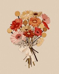 Rule 34 | bouquet, commentary, daisy, english commentary, flower, flower focus, gerbera, grey background, highres, libbyframe, no humans, orange flower, original, pink flower, plant, red flower, ribbon, signature, simple background, still life, white flower, white ribbon, yellow flower