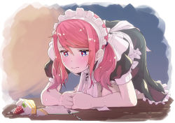 Rule 34 | 1girl, all fours, apron, artist name, bad end, blue eyes, blush, cake, crying, crying with eyes open, food, fork, frills, fruit, kagawa yuusaku, maid, maid headdress, original, pink hair, plate, puffy short sleeves, puffy sleeves, short sleeves, solo, strawberry, tears, twintails, wooden floor