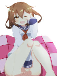 Rule 34 | 10s, 1girl, barefoot, blush, bottomless, brown eyes, brown hair, covering privates, covering crotch, dress, fang, feet, hair ornament, hairclip, haruyonoto, highres, ikazuchi (kancolle), kantai collection, long sleeves, one eye closed, open mouth, personification, pillow, sailor dress, school uniform, serafuku, short hair, sitting, solo, tears, toes, wink