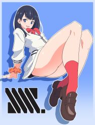 Rule 34 | 1girl, arm support, ass, black hair, blue background, blue eyes, bow, brown footwear, copyright name, from below, gradient background, gridman universe, highres, knees up, loafers, long hair, looking at viewer, noyama takenoko, orange scrunchie, red bow, red socks, school uniform, scrunchie, shiny skin, shoes, smile, socks, solo, ssss.gridman, takarada rikka, thick thighs, thighs, white blank card, wrist scrunchie