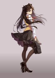 Rule 34 | 1girl, augu (523764197), black hair, blue eyes, breasts, fate/stay night, fate (series), full body, grey background, highres, homurahara academy school uniform, loafers, long hair, long sleeves, pantyhose, school uniform, shoes, simple background, skirt, small breasts, solo, standing, standing on one leg, tohsaka rin