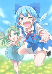 Rule 34 | 2girls, absurdres, blue dress, blue eyes, blue hair, blue skirt, blue sky, bow, cirno, cloud, daiyousei, day, dress, fairy wings, green eyes, green hair, hair bow, hair ribbon, highres, holding another&#039;s wrist, ice, ice wings, long hair, looking at viewer, multiple girls, one eye closed, open mouth, puffy sleeves, pulling, ribbon, shirt, short hair, short sleeves, side ponytail, skirt, sky, smile, touhou, wings, wink, zk (zk gundan)