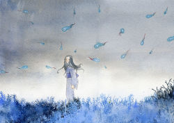 Rule 34 | 1girl, amber t, black hair, blue kimono, blue sash, blue theme, character request, chinese commentary, commentary request, fern, floating hair, from side, grey sky, japanese clothes, kimono, long hair, long sleeves, looking at viewer, looking to the side, mushi (mushishi), mushishi, nature, obi, outdoors, painting (medium), plant, sash, sky, solo, standing, traditional media, watercolor (medium), wide shot
